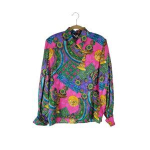 Adrianna Papell Silk Blouse Bright Baroque Chalice Print High Neck Size 10